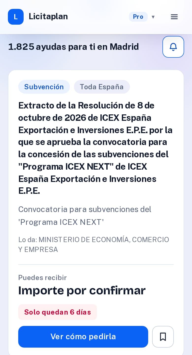 Buscador de ayudas del panel, con filtros por provincia y actividad y una convocatoria del BOE abierta, con su organismo y los días que quedan de plazo.