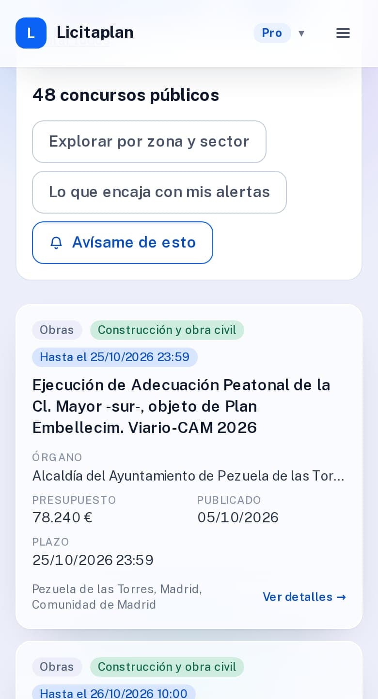 Buscador de concursos públicos filtrado por construcción en Madrid, con los contratos abiertos, su órgano de contratación, presupuesto y plazo.