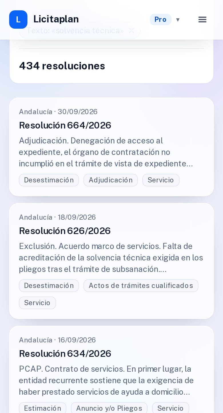 Buscador de resoluciones de los tribunales de recursos contractuales, con una búsqueda por «solvencia técnica» y el resumen de cada resolución.